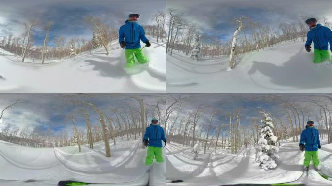VR360: 极限滑雪者在穿越白雪皑皑的森林时切碎新鲜的粉末。