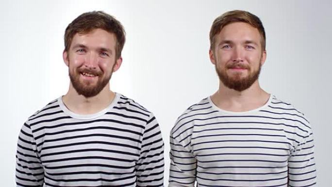 双胞胎兄弟嘲笑相机的肖像