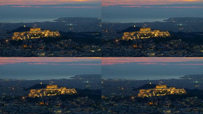 希腊雅典。蓝色时刻卫城山帕台农神庙和Herodium建筑的平移镜头