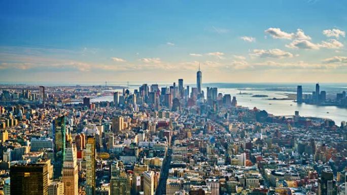 纽约的鸟瞰图。市区。金融区。日落。时间流逝