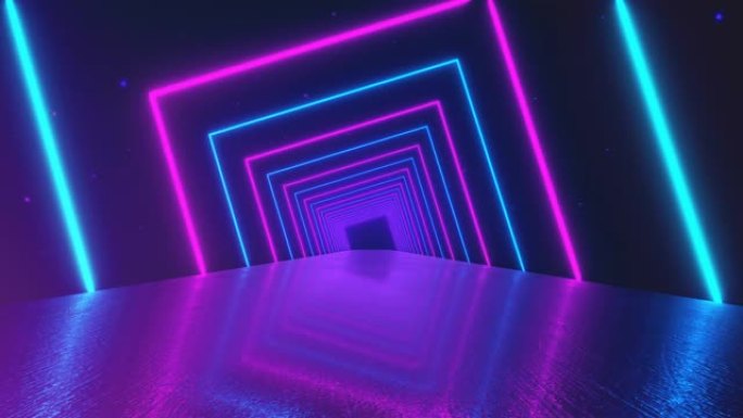 抽象运动几何背景，发光霓虹灯方形创建旋转隧道，蓝色粉色紫色光谱，荧光紫外光，现代七彩照明，4k无缝循