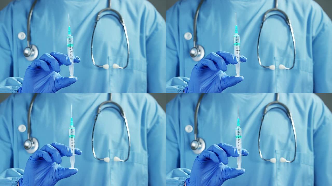 实验室的医生或科学家拿着注射器，为儿童或老年人提供液体疫苗，或治愈动物疾病。