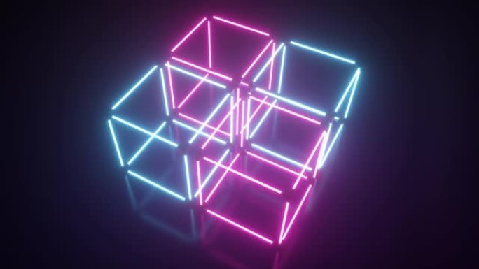 四个旋转发光霓虹灯立方体，荧光紫外线，蓝色红色粉色紫色光谱，抽象无缝循环3D渲染几何背景