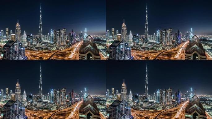 迪拜夜间天际线的T/L鸟瞰图/迪拜，阿联酋