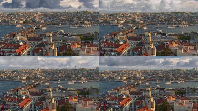 缩小土耳其伊斯坦布尔的照片。从加拉塔可以看到伊斯坦布尔市中心的日落景色。渡轮沿金角湾靠近加拉塔大桥航