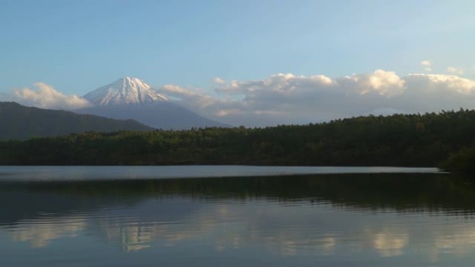 4k平移: 日本山梨市佐子湖日落时间的藤山。