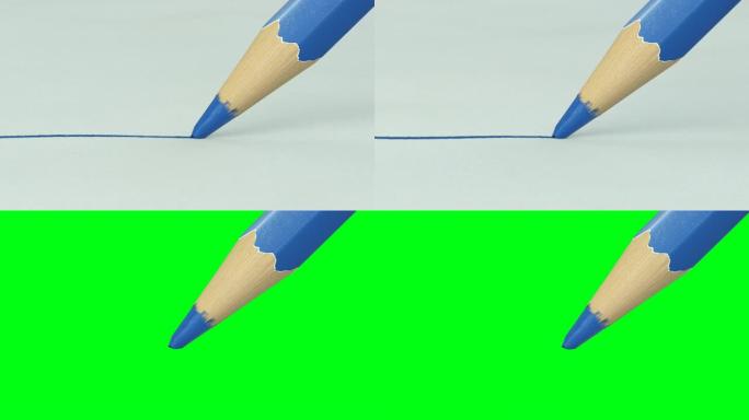 木制铅笔蓝色纸上画线特写。循环3d动画绿屏阿尔法通道。抽象的写作和绘画过程。艺术和设计概念。