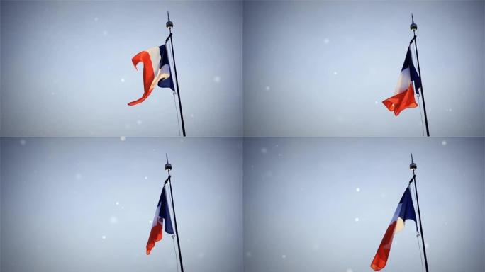 法国国旗在巴黎的一座建筑上自豪地挥舞着。