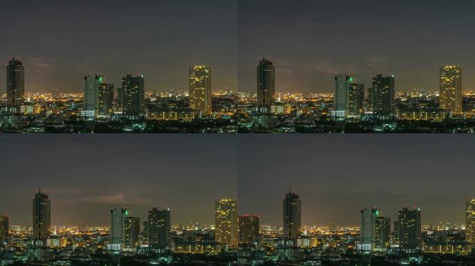 曼谷城市景观的时间流逝，雷电和暴风雨笼罩着建筑物和夜晚的云层