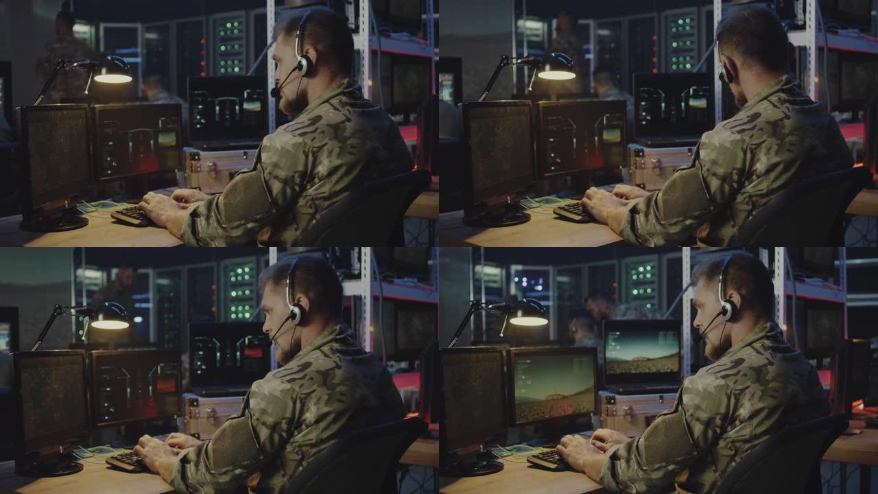 士兵们在电脑上控制火箭发射