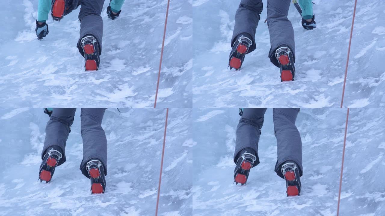 自下而上: 电影拍摄的登山者冰爪被踢入冰冷的河中