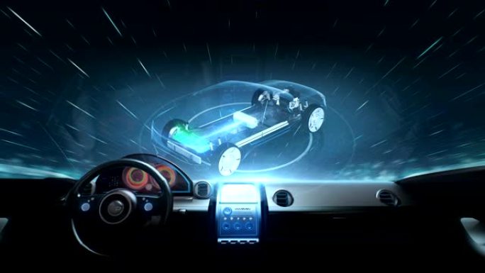 未来混合动力汽车内部，旋转电子，混合动力电池汽车。给电池充电，内部视图，未来汽车。