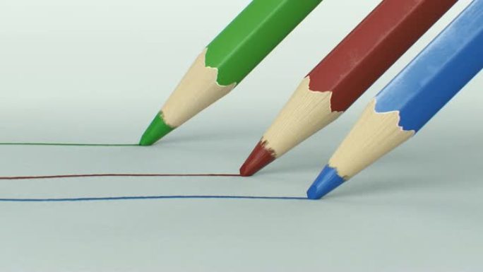 三色铅笔在清晰的纸上画线是特写的。循环3d动画。抽象的写作和绘画过程。艺术和设计概念。