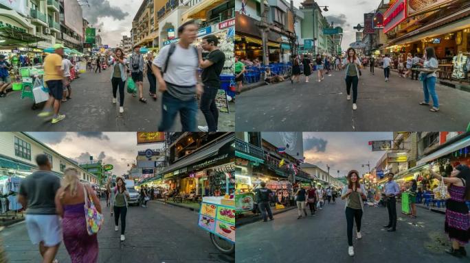 在泰国曼谷的人们中，迷人的年轻亚洲旅游女性在Khaosan路步行街旅行。，旅游和户外市场概念