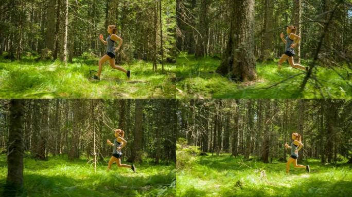 夏天在阳光普照的森林小径上奔跑的健康女人