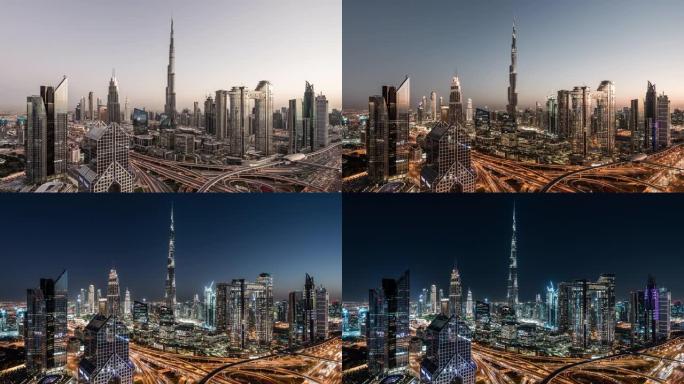 迪拜天际线的T/L视图，白天到晚上的过渡/迪拜，阿联酋