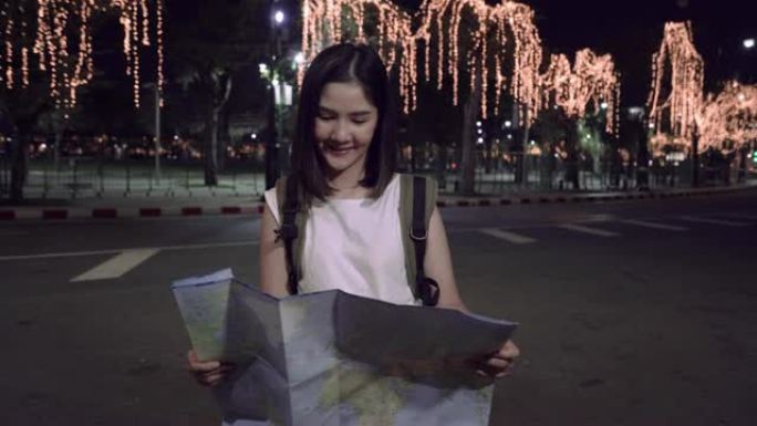 4k分辨率亚洲女性在泰国曼谷旅行时的地图