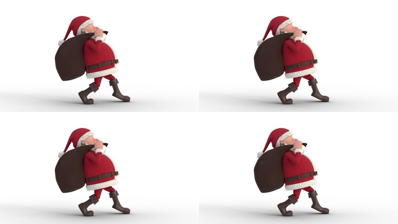 带有礼品袋的圣诞老人在白色背景上偷偷摸摸。无缝循环3d动画。侧视图右侧