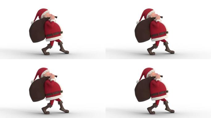 带有礼品袋的圣诞老人在白色背景上偷偷摸摸。无缝循环3d动画。侧视图右侧