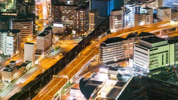 延时: 横滨市夜间高速公路的鸟瞰图