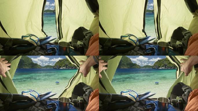 在帐篷里海上度假。潮人在海边的野营帐篷里休息。帐篷自然度假概念。UHD, 4K