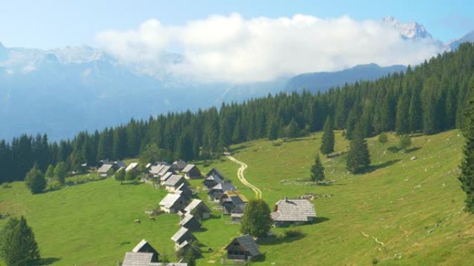 空中: 飞越斯洛文尼亚Pokljuka的一排传统山间小屋