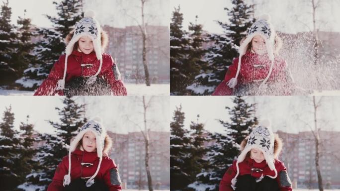 穿着冬装的快乐可爱的欧洲小女孩向空中扔雪，看着相机，微笑着慢动作。