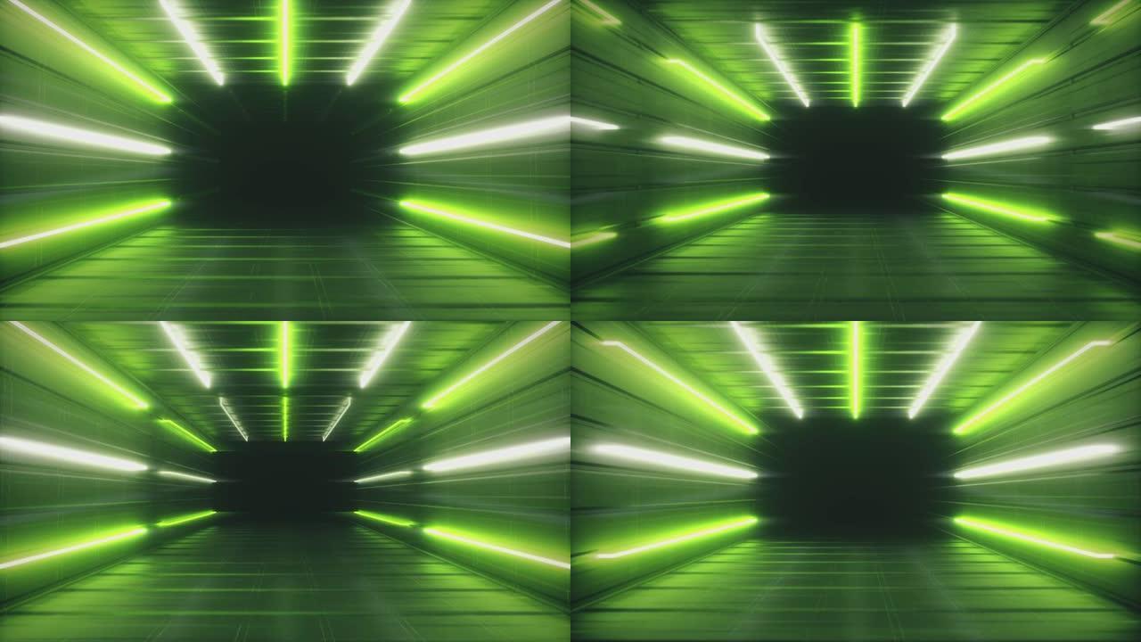 在抽象的绿色未来室内飞行。霓虹灯发光荧光灯打开的走廊。未来主义建筑背景。带金属墙的盒子。无缝循环3d