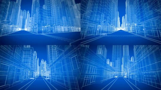 美丽的现代城市通过数字3d蓝图道路视图。建设和技术概念。蓝色3d动画循环。长版本。