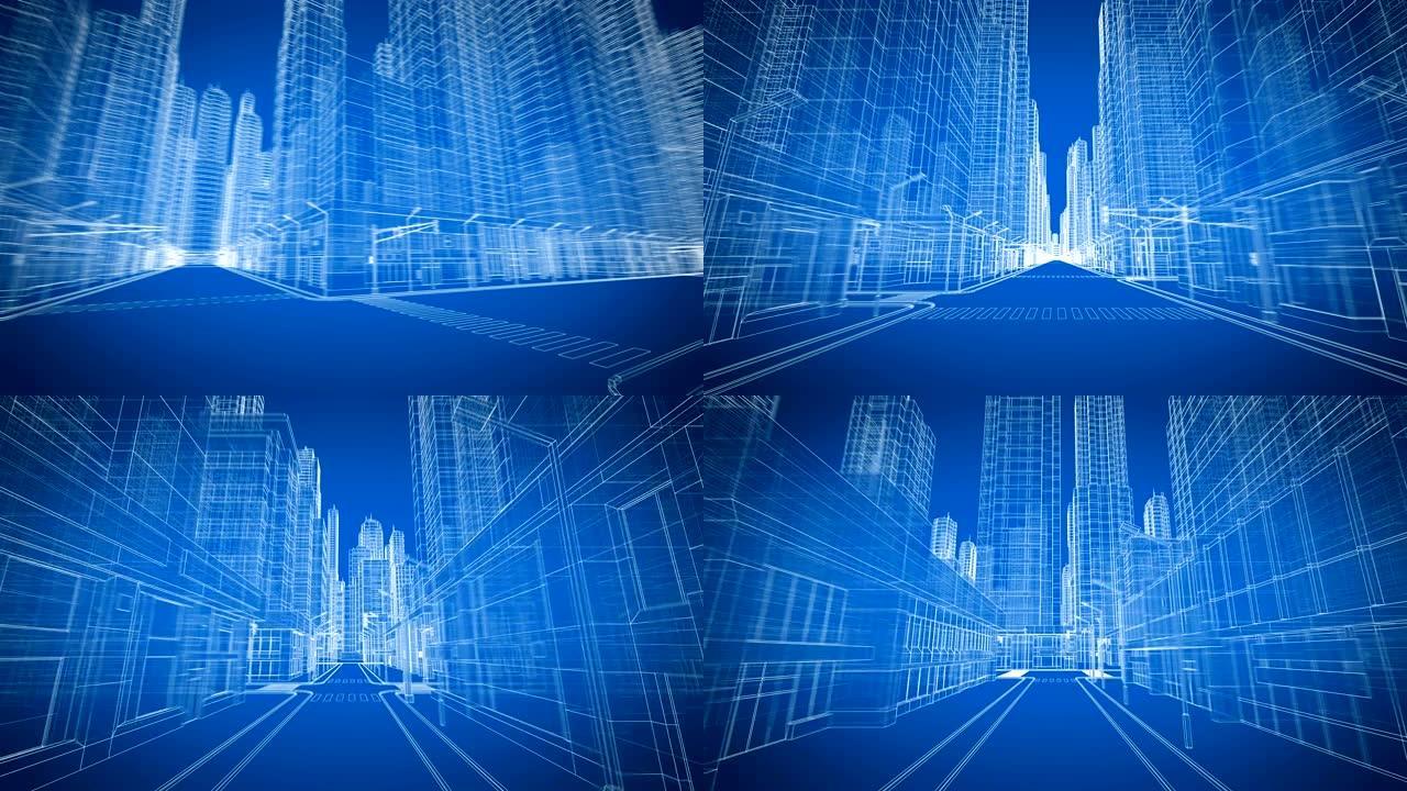 美丽的现代城市通过数字3d蓝图道路视图。建设和技术概念。蓝色3d动画循环。长版本。