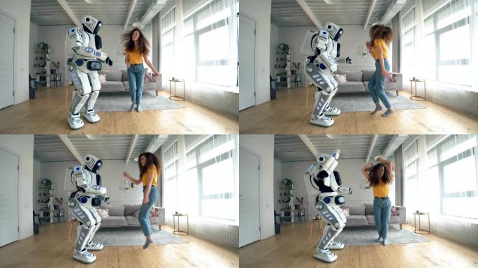 年轻的女人和机器人在快乐地跳舞。机器人，类人机器人概念。