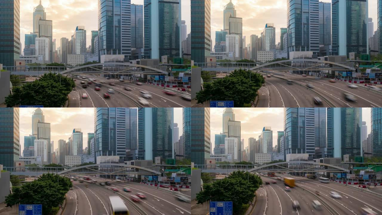 延时: 中环和金钟香港公路的早晨交通，背景为天际线建筑城市景观