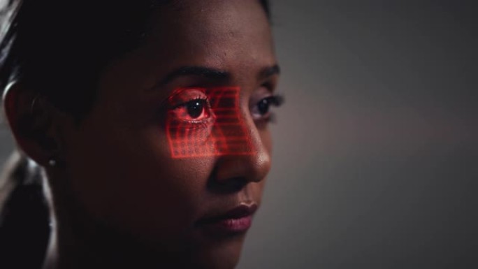 人脸识别技术概念作为女人有红色网格投影到眼睛在工作室