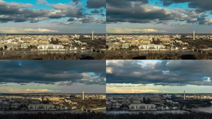 4k延时美国华盛顿特区日落时间林肯纪念堂、华盛顿纪念碑和美国国会大厦的城市景观，景观和地标概念