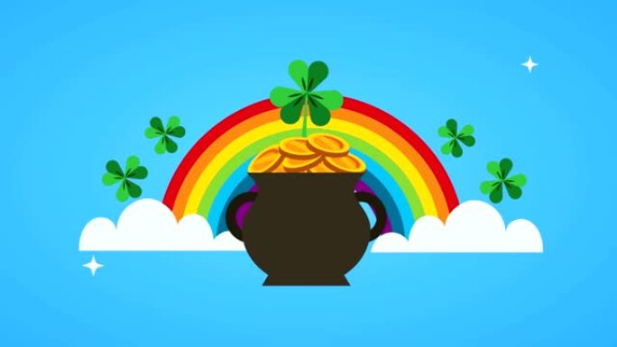 圣帕特里克节动画卡片与彩虹和大锅