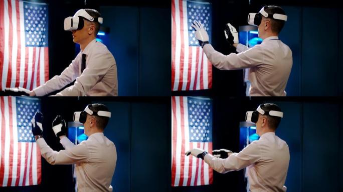使用VR耳机和外骨骼手套的技术人员