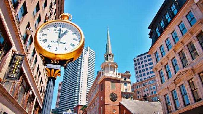 老南会议室。时钟。波士顿的天际线。城市