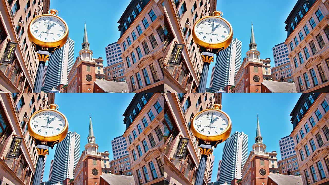 老南会议室。时钟。波士顿的天际线。城市