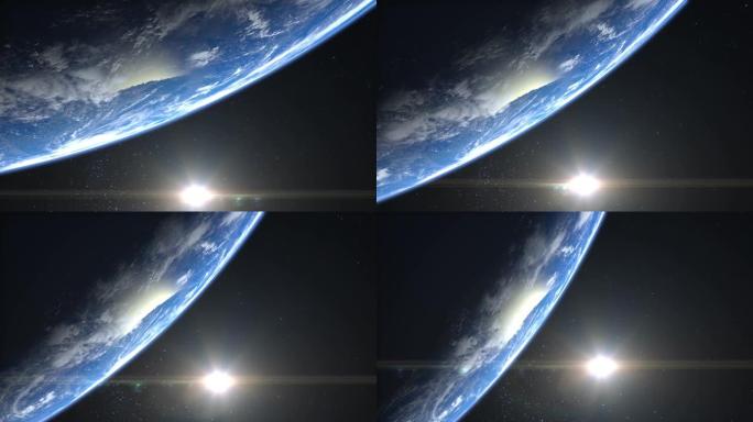 来自太空的地球。相机向右旋转，飞离地球。星星闪烁。4K.日出。现实的氛围。3D体积云。太阳在框架中。