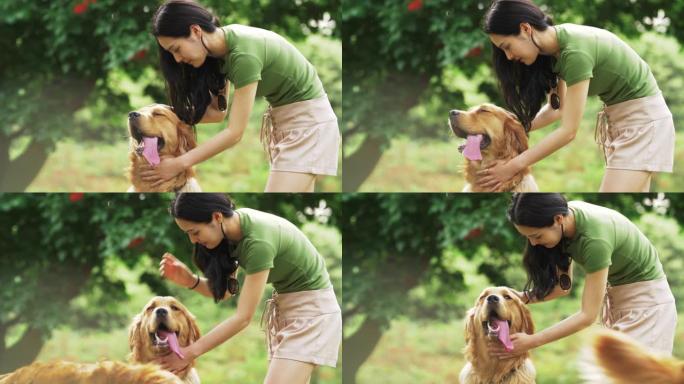 户外有金毛寻回犬的漂亮亚洲女人