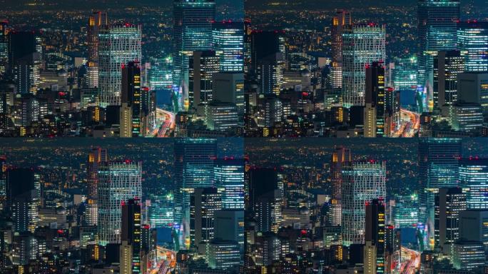 从六本木森塔山拍摄的日本东京城市景观建筑的夜间时光
