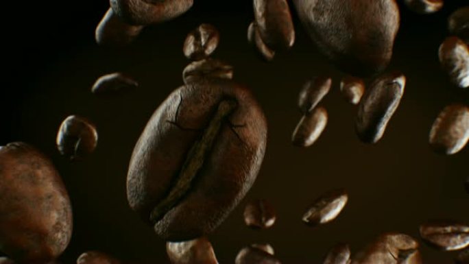 美丽的烘焙咖啡豆掉落特写慢动作无缝CG棕色背景。带dop模糊的循环3d动画。