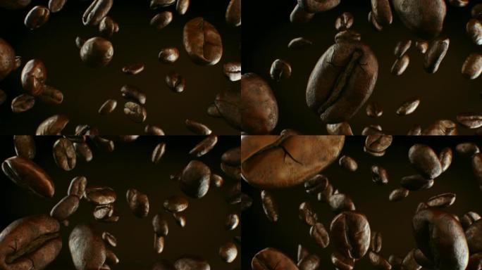 美丽的烘焙咖啡豆掉落特写慢动作无缝CG棕色背景。带dop模糊的循环3d动画。