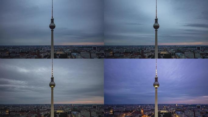 黄昏时，柏林天际线与亚历山大广场著名电视塔的时间流逝