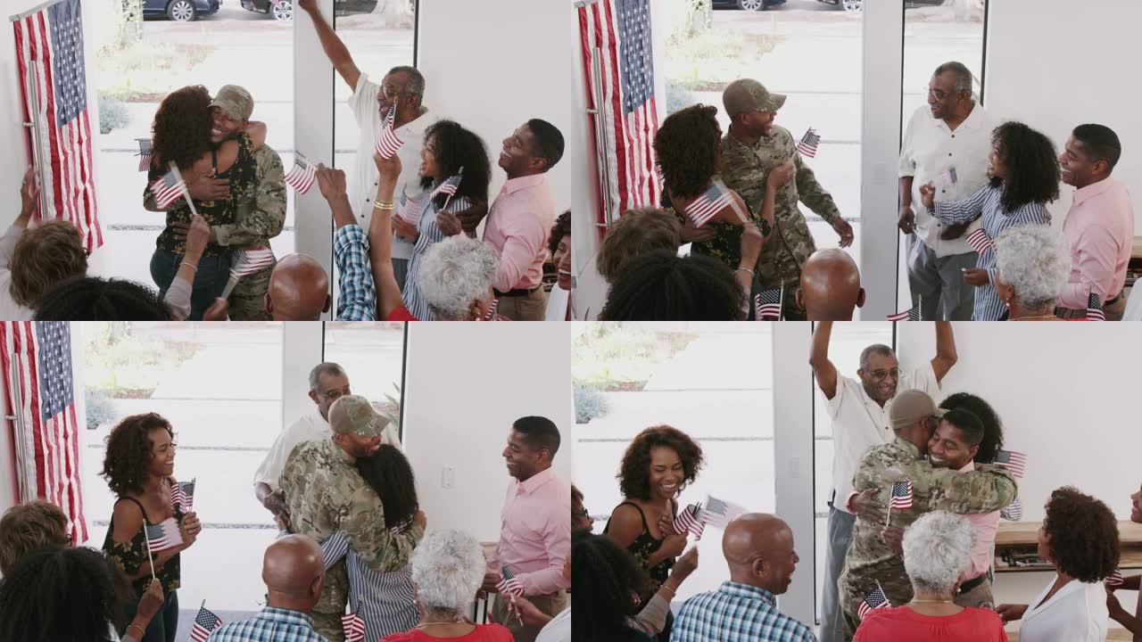 年轻的黑人士兵返回一个惊喜的家庭欢迎回家派对，高视阔步