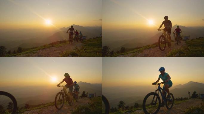 低角度: 傍晚的阳光照耀着骑着自行车上坡的旅行者。