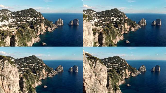 在意大利卡普里岛飞越岩石和海岸。卡普里岛 (Capri) 是第勒尼安海中的一个岛屿，靠近那不勒斯和萨