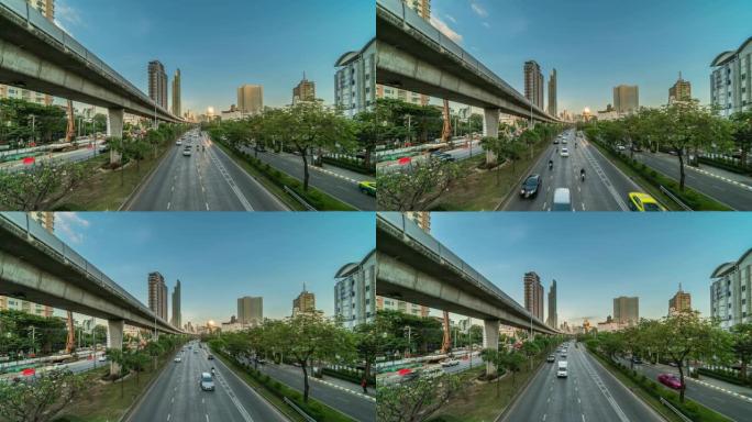 曼谷日落高峰时段火车站交通拥堵和高架地铁系统的4k时间流逝，具有城市景观概念的交通