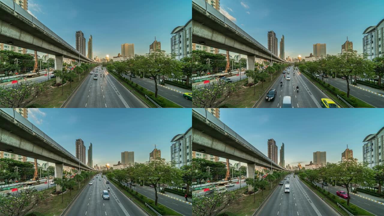 曼谷日落高峰时段火车站交通拥堵和高架地铁系统的4k时间流逝，具有城市景观概念的交通