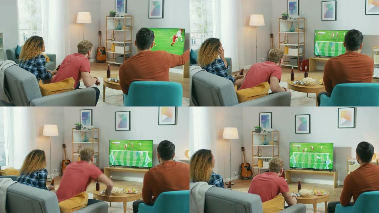 三名坐在客厅沙发上的体育迷在电视上观看重要的足球比赛，为他们的球队欢呼，在进球给他的球队带来胜利后庆
